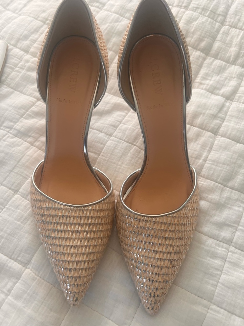 J. Crew Women's Pointed D'Orsay Heels in Natural Woven with Silver Trim